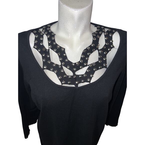 New ASHLEY STEWART Top Sz 18/20 Black Nailhead Stud Strappy Neck Knit Pullover - Picture 2 of 10